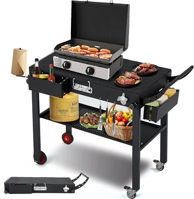 UNIONLINE Foldable Pizza Oven Stand Outdoor Grill Cart Trolley 2-Tier BBQ Table w/ Wheels