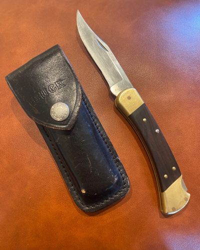1987 Buck USA Hunter 110 Folding Knife with Leather Sheath ~Very Good Condition