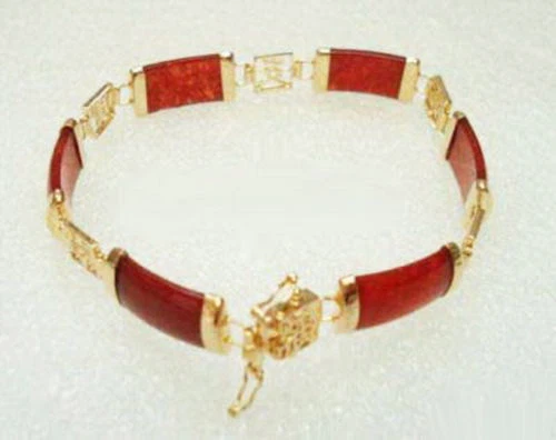 Red Jade Fortune Emolument Longevity Property Luck Link Clasp Bangle Bracelet - Image 2 of 3