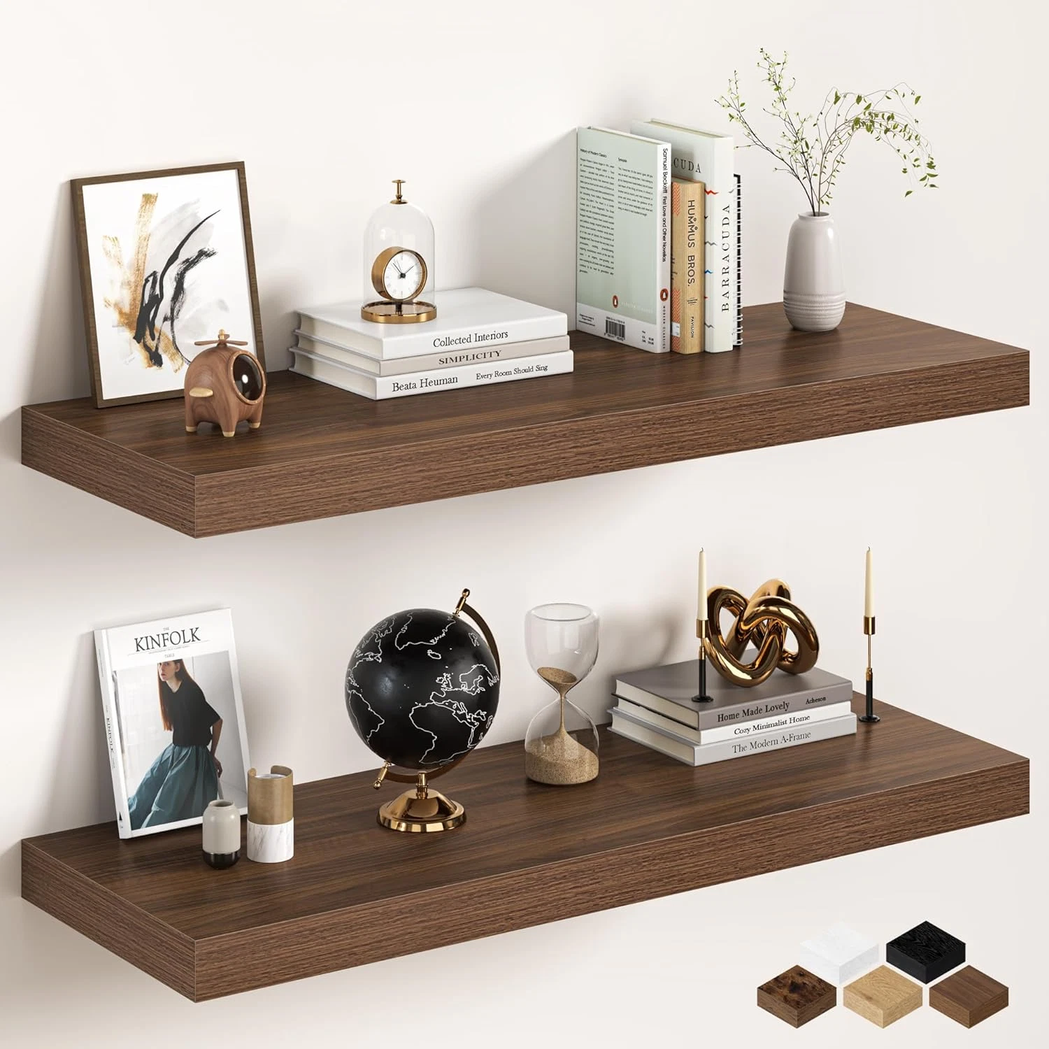 Rustic 40" Walnut Floating Shelves - 2 Pack Wall Mounted Storage & Decor