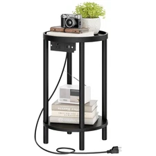 Small Round Side Table with Charging Station, 2-Tier Round Bamboo End Table, ...