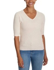 NEW Ella Moss Women's L Honeycomb Textured V-Neck Sweater Beige Short Sleeve