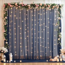 10x10 FT Navy Blue Tulle Backdrop Curtain With Lights String Wedding Party