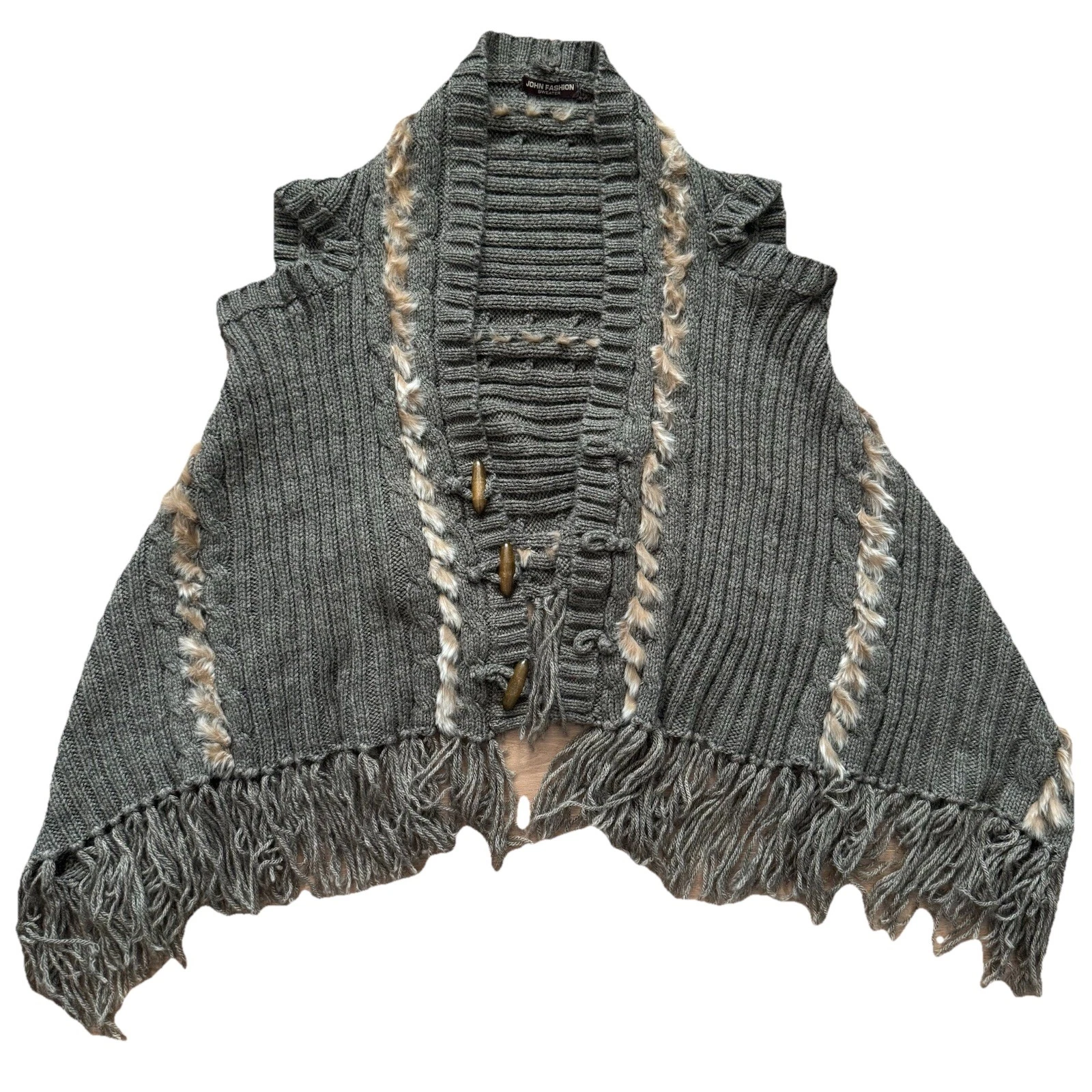 John Fashion Knit Poncho Sweater Womens One Size Gray Fringe Toggle Wool