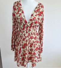 Urban outfitters Ivory Red Floral V-Neck Long Sleeve Smocked Mini Dress Size S