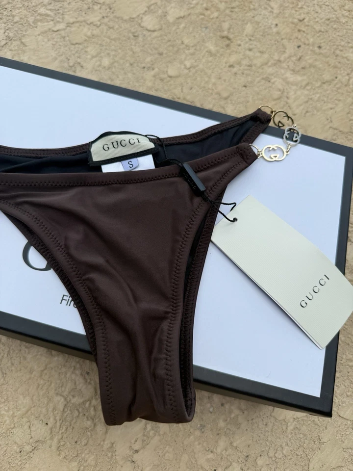 Parte inferior de bikini Gucci marrón - cadena GG dorada, talla S, nueva con etiquetas Foto 3 de 4