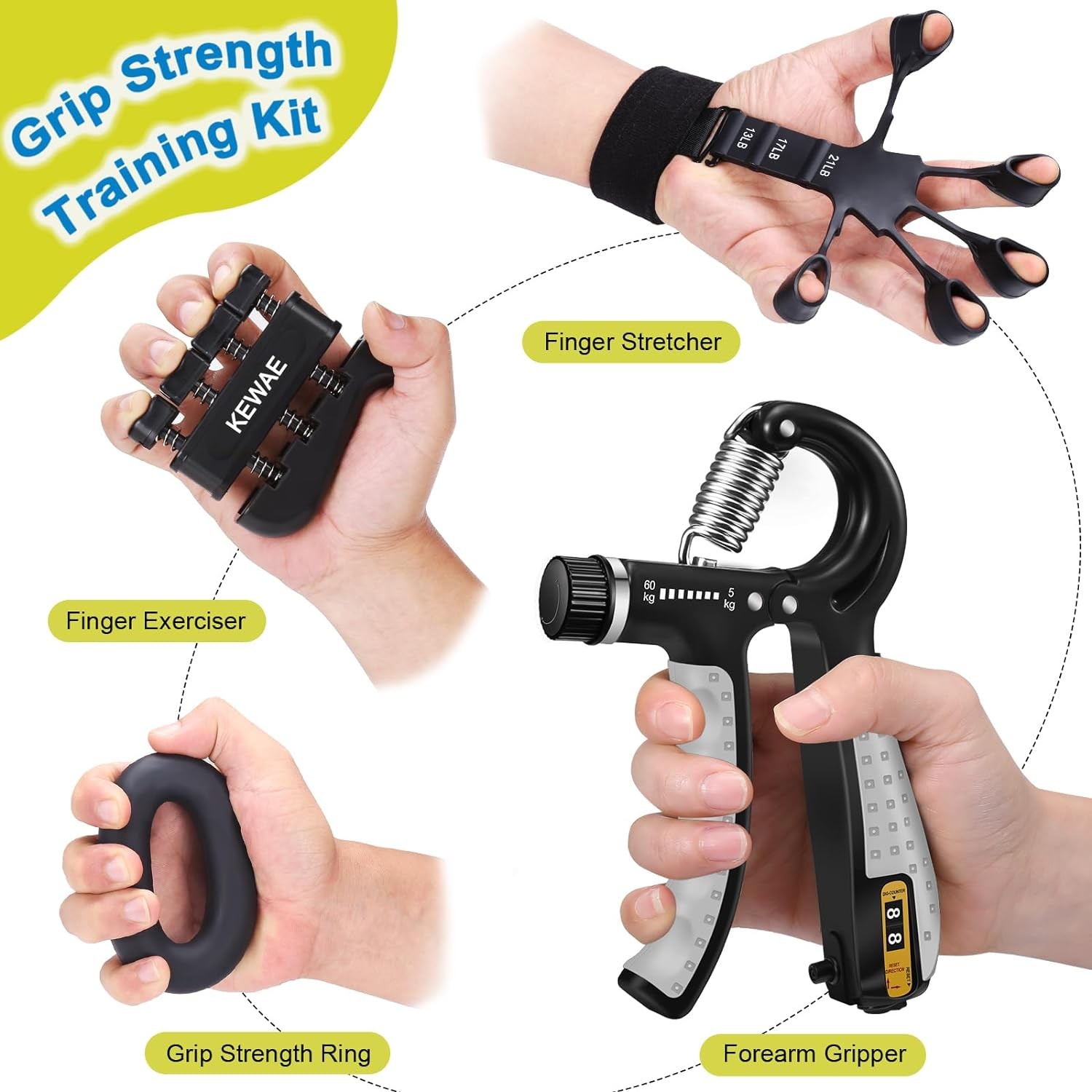 Grip Strength Trainer Kit 6 Pack with Finger Exerciser, Hand black grey 