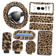 10pcs Fluffy Leopard Print Car Accessories Set Featuring Plush Steering Brown