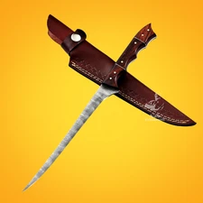 CUSTOM HANDMADE DAMASCUS STEEL FILLET KNIFE FOR FISHING CHEF WITH LEATHER SHEATH
