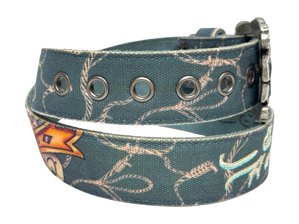 Ed Hardy Leather Belt Rose Buckle Rhinestone Teal Tattoo Graphic Size M EH3036 - Image 3 of 4