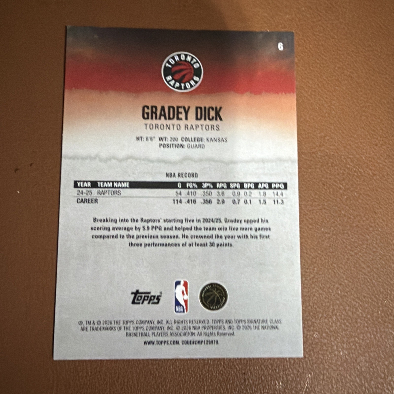 2025-26 Topps Signature Class Basketball Gradey Dick Blue & Orange Raptors 