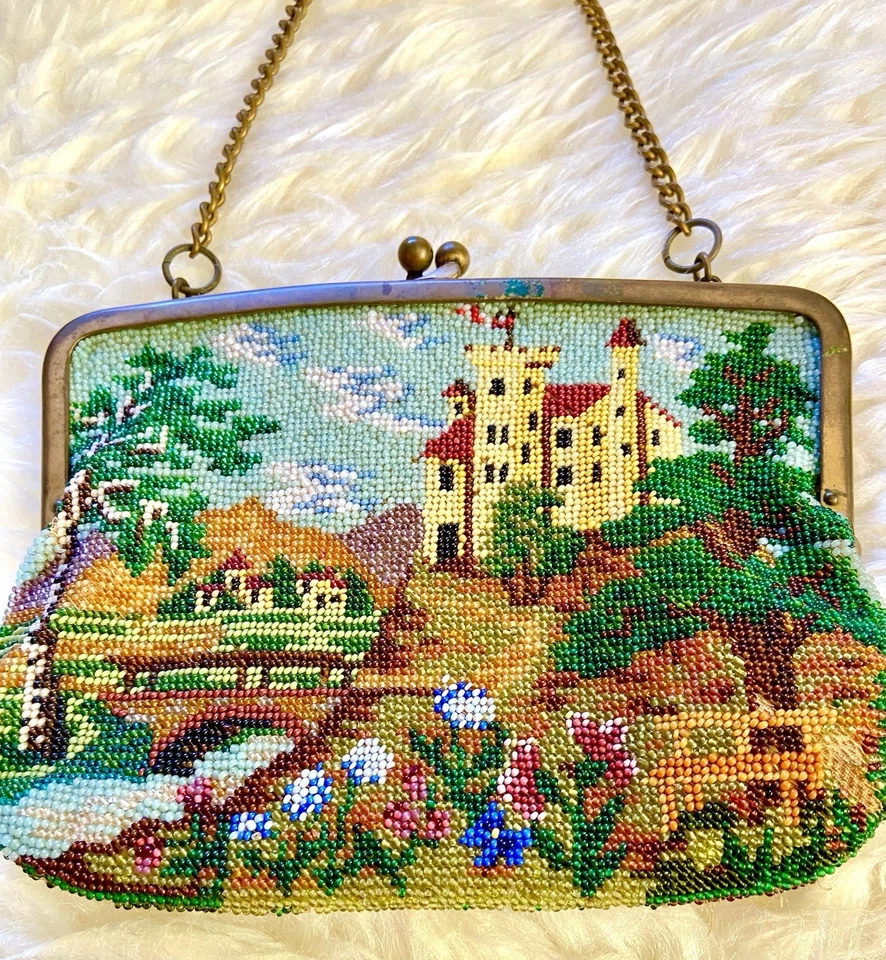 Victorian Vintage Micro Beaded Castle Scenic Purse Metal Frame - Image 2 of 4