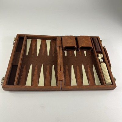 Backgammon Travel Case Game Complete Brown & White Faux Leather Vintage