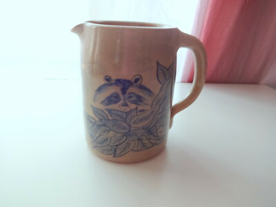 Vtg Artist Signed Geff Bode 78 Blue Salt Glaze Raccoon Pitcher Stoneware Pottery