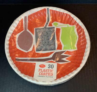 30 Vintage 1964 MCM Bar-B-Que Plastic Coated Paper Plates 9'' Graphic KVP - NEW
