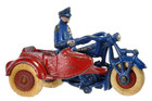 1930s CHAMPION CAST IRON RED & BLUE MOTORCYCLE & SIDECAR 6.5"
