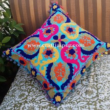 Indian Handmade Multi Color Suzani Embroidery Cushion Cover Decorative 16x16"