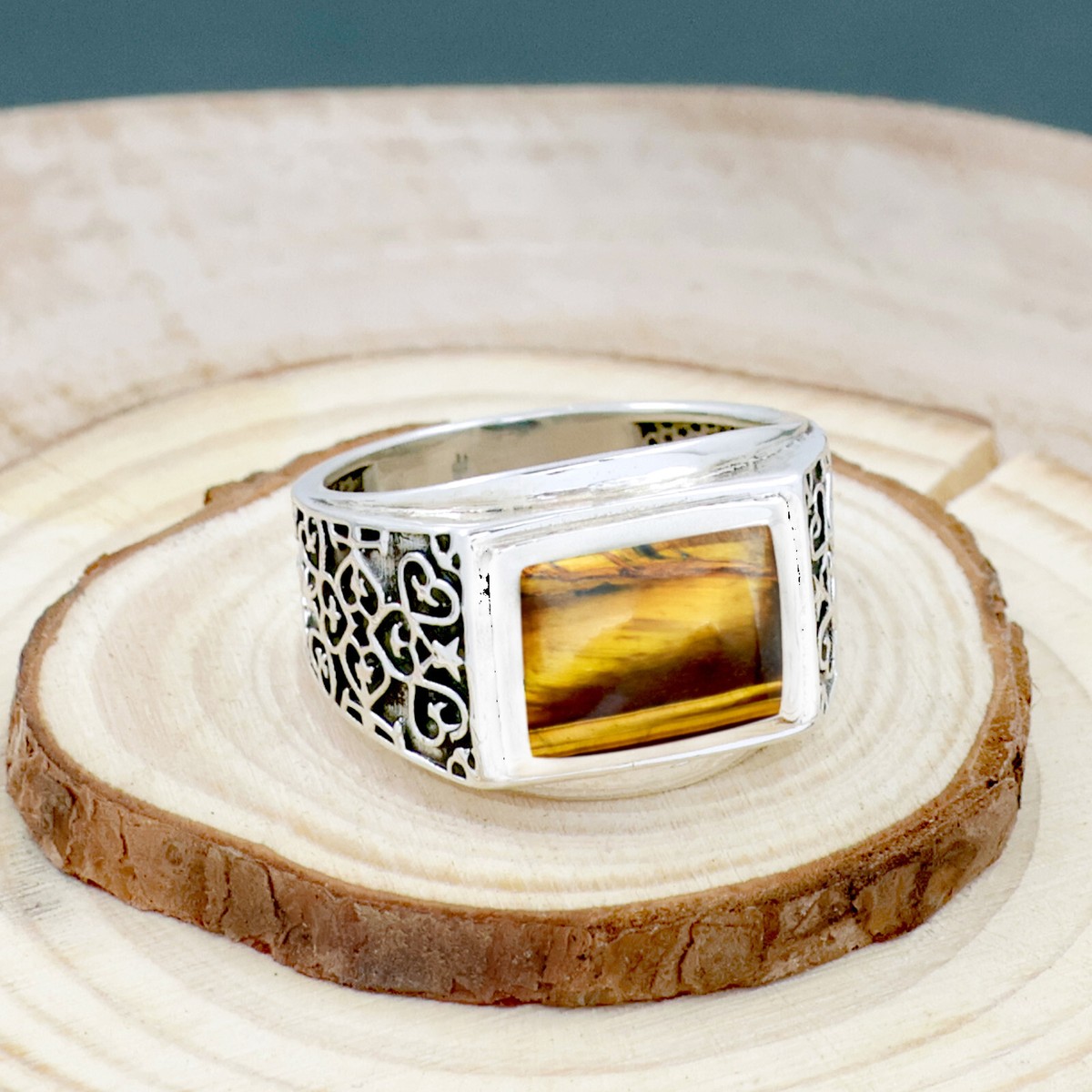 Tiger Eye Rectangle Cut 925 Sterling Silver Turkish Style Men's