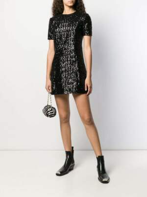 NWT SAINT LAURENT Shimmer Sequin Short Sleeve Mini Dress, Size XXS