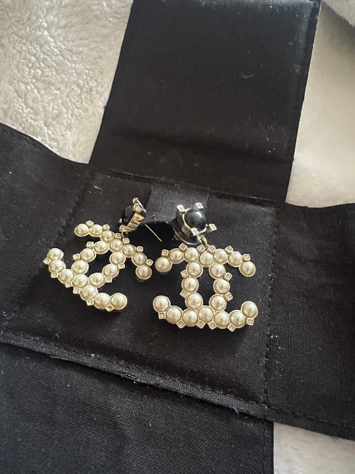 Authentic Chanel Earring Black and White Crystal Pearl CC Dangle Earrings - Image 2 of 3