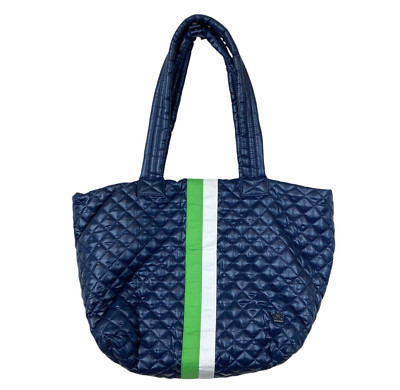 Oliver Thomas Large TOTE Bag Navy Quilted Green White Stripe Secret Bottom NEW