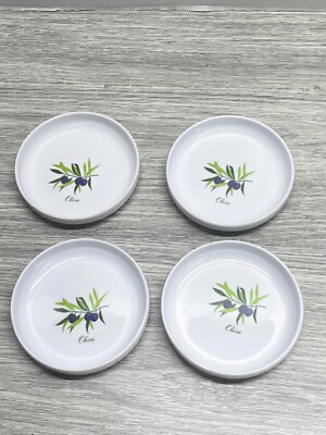 Melamine Plastic Dipping Oil Sauce Dishes lot of 4 Xcell White w/ Olives 4'' roun