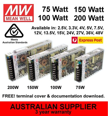 MeanWell RSP Power Supply 75W 100W 150W 200W 5,7.5,12,13.5,15,24,27,36,48V DC