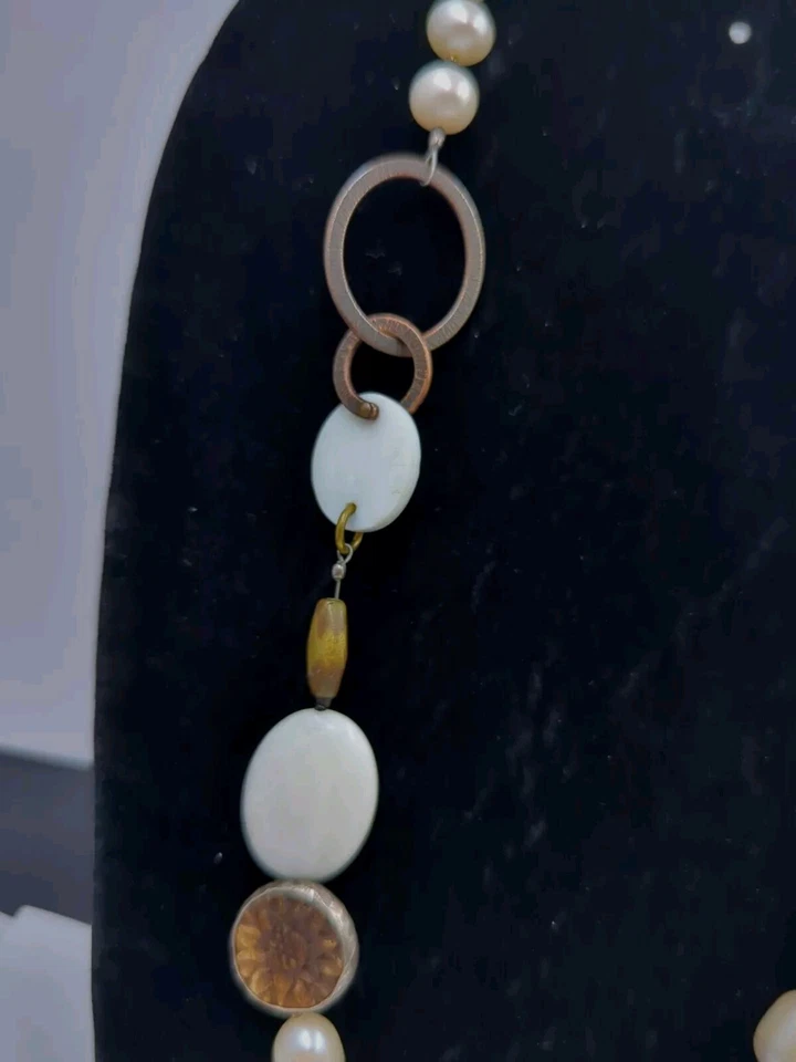 Collar de hueso de plata esterlina con concha de labios de latón cobre y perlas Silpada 24" D163 Foto 4 de 4