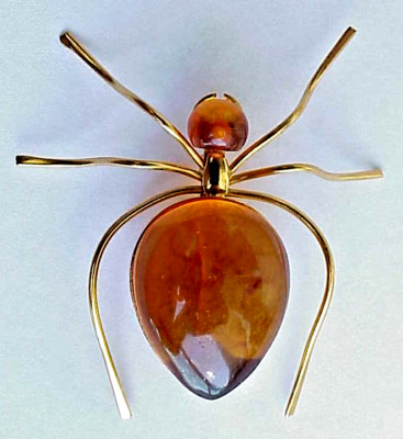20c. BALTIC AMBER RUSSIA SOVIET INSECT SPIDER BROOCH GOLD JEWELRY 老琥珀 ...