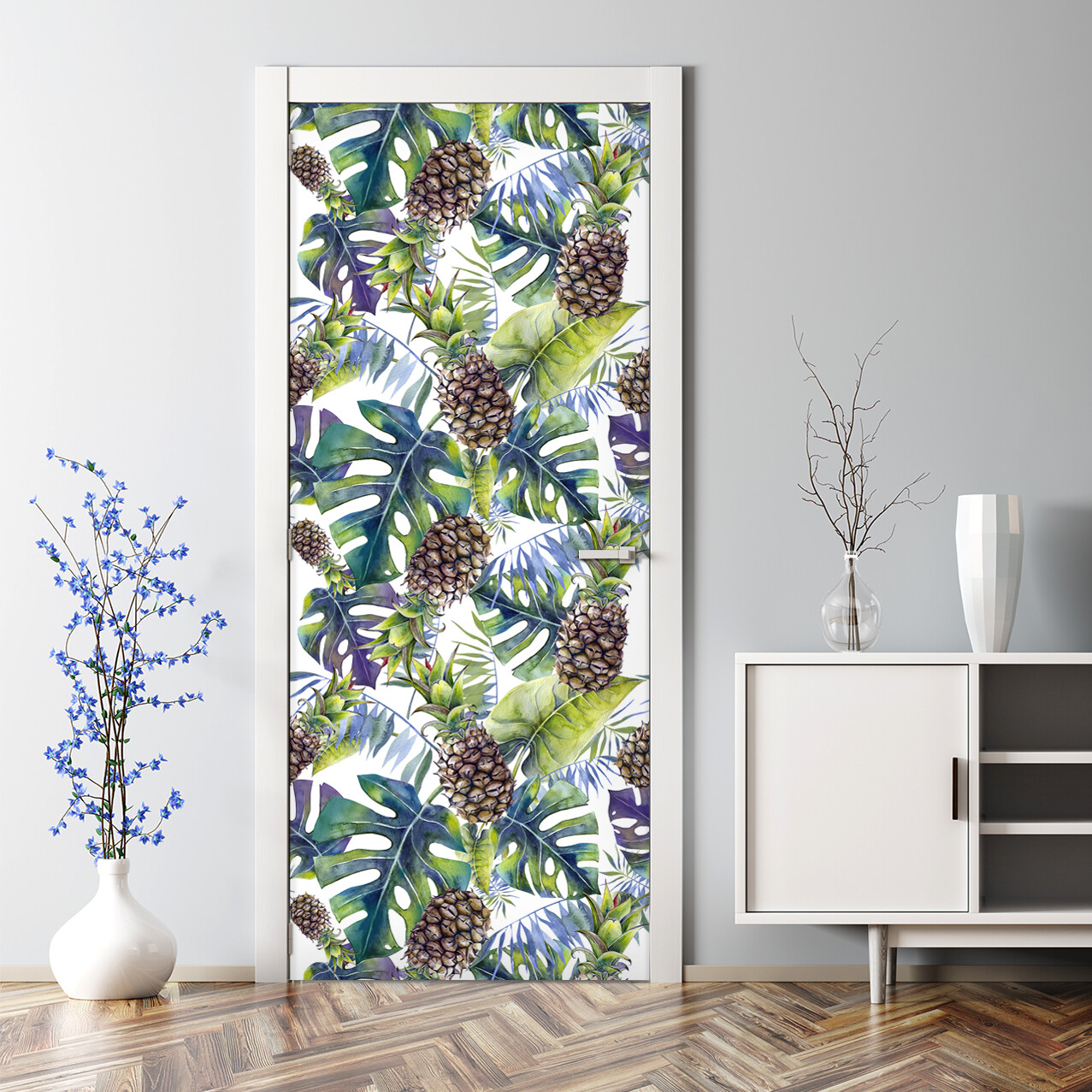 Tropical Pineapple & Exotic Leaf Watercolor Hawaiian Door Decal  
