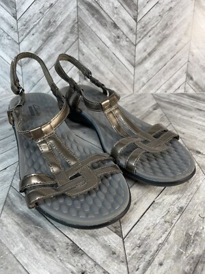 Clarks Collection Sonar Aster Pewter Metallic T-Strap Sandals Women s Size 8.5M