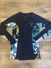 Roxy Rash Guard Women M Black Floral Full Zip Surf Swim UPF 50 LS Rash Vest