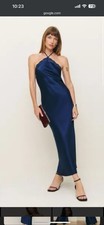 Reformation Silk Satin Maxi Dress Blue Halter Lace Straps Backless XL