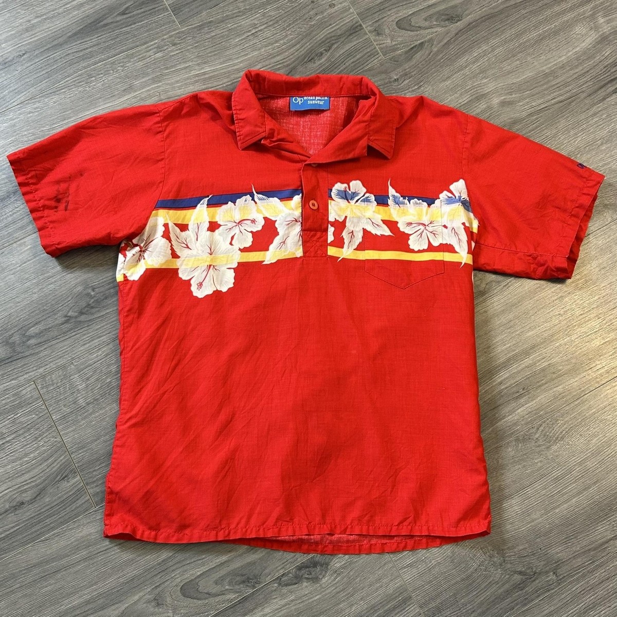 Vintage Ocean Pacific Shirt Mens L Red Hibiscus Floral Hawaiian