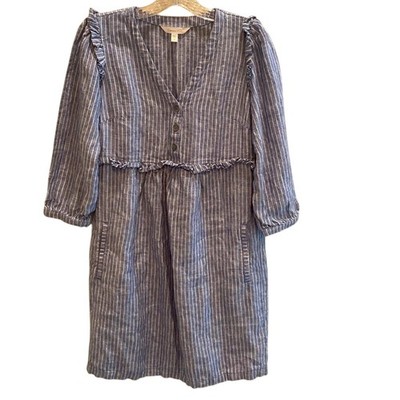 Garnett Hill European Flax Linen Engineer Stripe Ruffle Blue White Dress 0