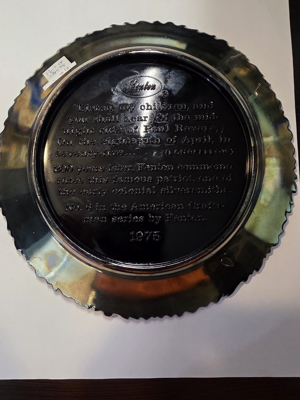 1975 Fenton Glass Plate #6 American Craftsman Series Carnival Silversmith Revere