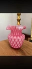 Vintage Pink Hobnail Art Glass Vase Ruffled Crimped Rim Fenton Style Milk Glass