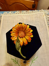 Vintage 1960s Enamel Flower Brooch Orange Yellow Daisy 3.5  Mod Flower Power Pin
