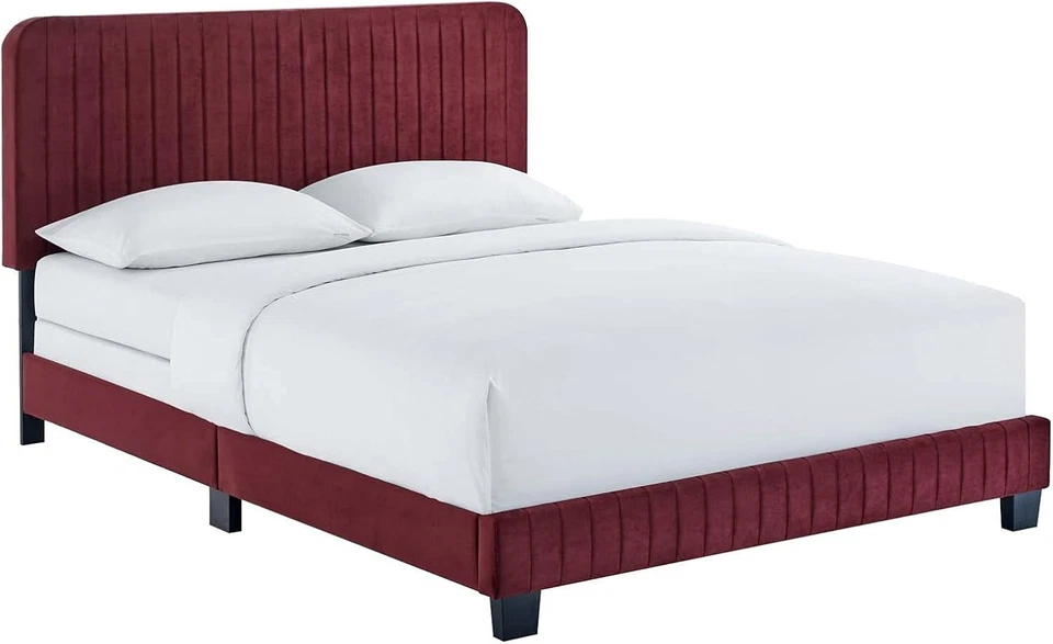 Modway Celine Channel Tufted Velvet Twin Bed With Maroon Finish MOD-6332-MAR - Image 2 of 4