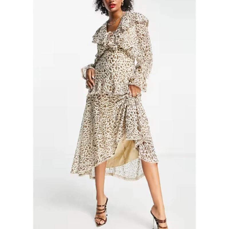 Vestido ASOS 8 Crema Midi Volantes en Niveles Leopardo Puff Transparente Pradera Cottage Boho Foto 2 de 4