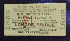 Southern Railway Ticket HM Forces On Leave 10.08.1943 Woolwich - London Bridge