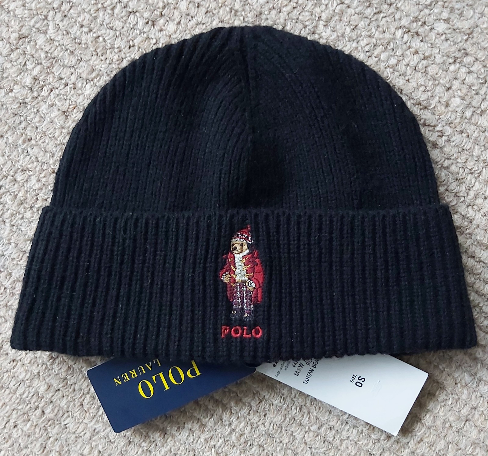 Genuine POLO RALPH LAUREN Black Tartan Bear Wool BEANIE Hat 449959531001  Ralp1