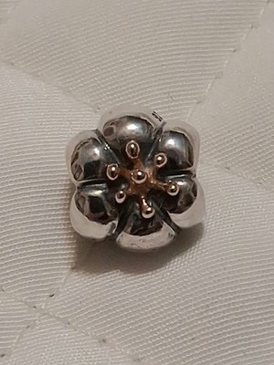 Authentic Pandora Silver Flower Charm, 790184, Silver & 14K Gold