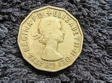 British 3 Pence Coin - Brass - Queen Elizabeth II - Year 1956 - TYPE II