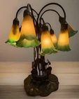 Tiffany Style Amber/Green Pond Lily 10 Light Table Lamp - 1 Broken Shade