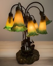 Tiffany Style Amber/Green Pond Lily 10 Light Table Lamp - 1 Broken Shade
