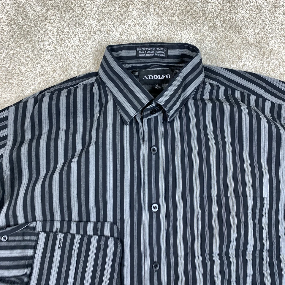 Camisa Adolfo Abotonada Hombre 17 34/35 Negra Gris Rayas Manga Larga Foto 2 de 4