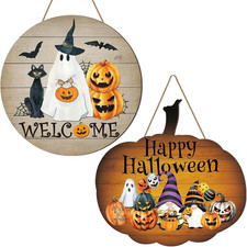 2-Pcs Halloween Welcome Sign Set Pumpkin Ghost Front Door Decor 12 Inch