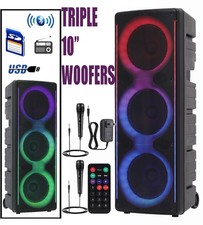 Loud Bass Triple 10'' Woofers Portable Bluetooth Speaker 2 Mics DJ Party Karaoke