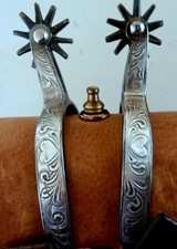 Vintage Engraved Silver Blued Horse Spurs wtih Leather Straps
